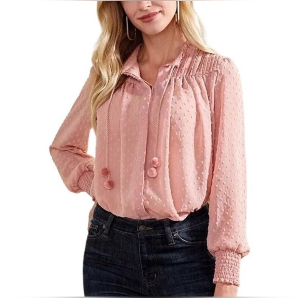 Matilda Jane Good Hart Opryland Pink Swiss Dot Tie-Neck Blouse Small